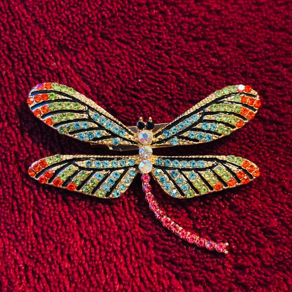 Multicolor Rhinestone Dragonfly Brooch Gold Tone Insect Pin - Picture 2 of 7